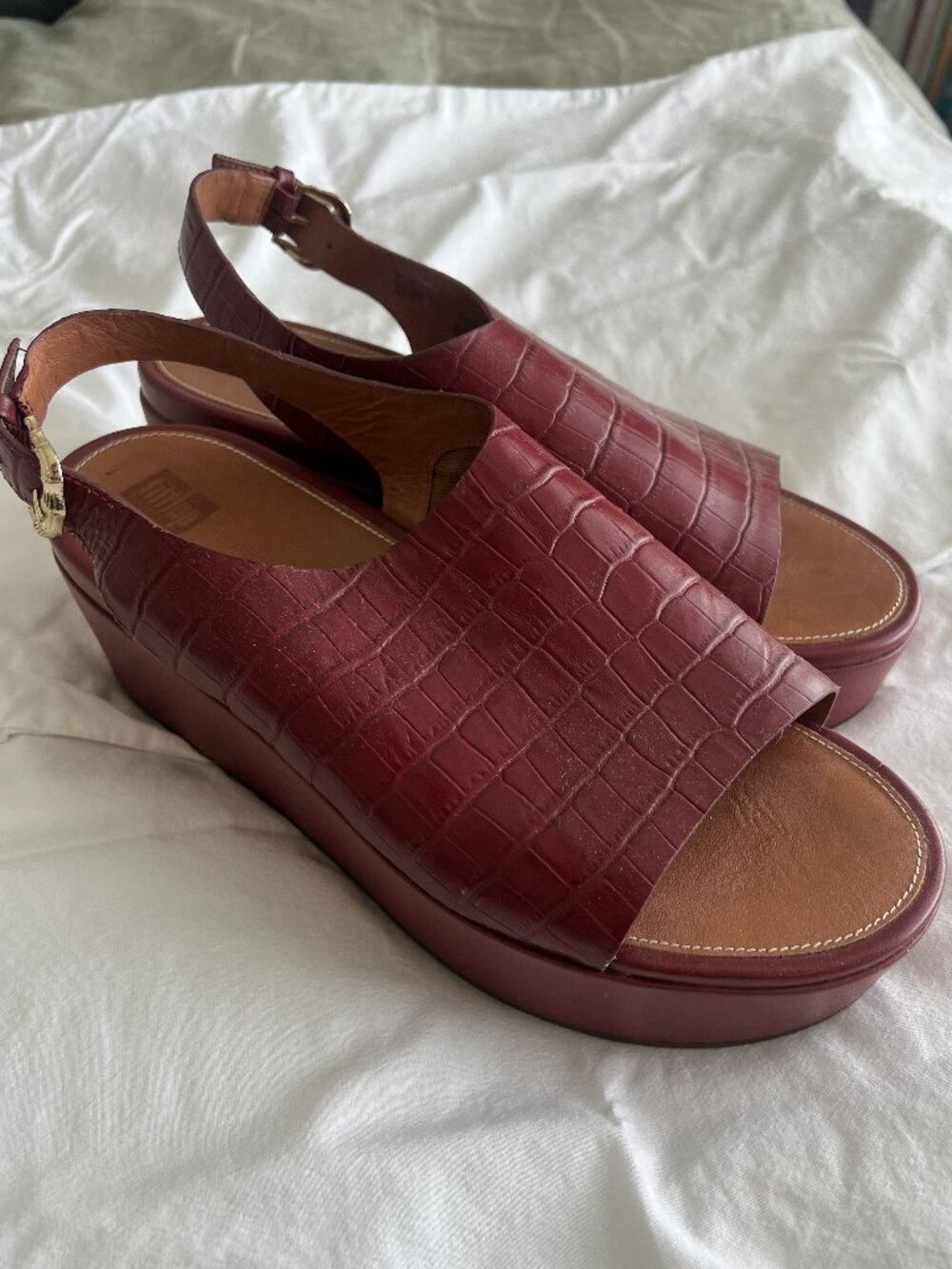 Burgundy Faux Croc Platform Sandals